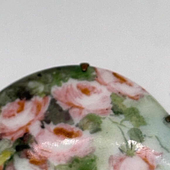 Antique Hand-Painted Porcelain Brooch With Pink Roses C-Clasp Gold-tone - Picture 12 of 16